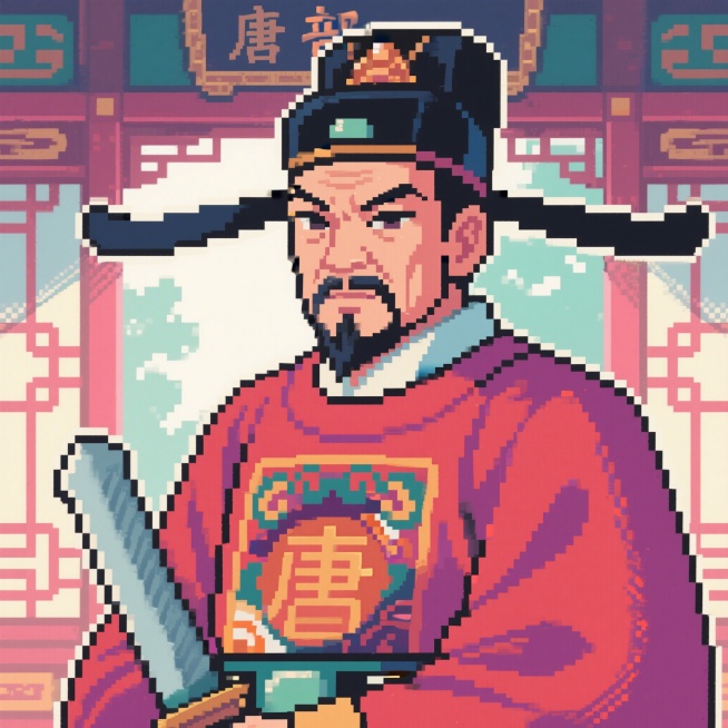 像素风格的唐朝刑部官员头像，复古像素风，严肃冷峻气质，中年男性，唐朝官服预览效果