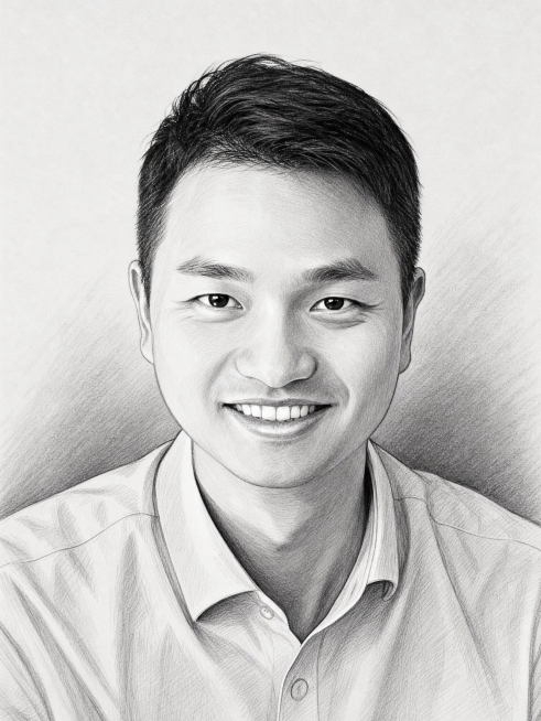 将参考图1照片转换为参考图2的黑白素描风格，保留人物五官和发型特征预览效果