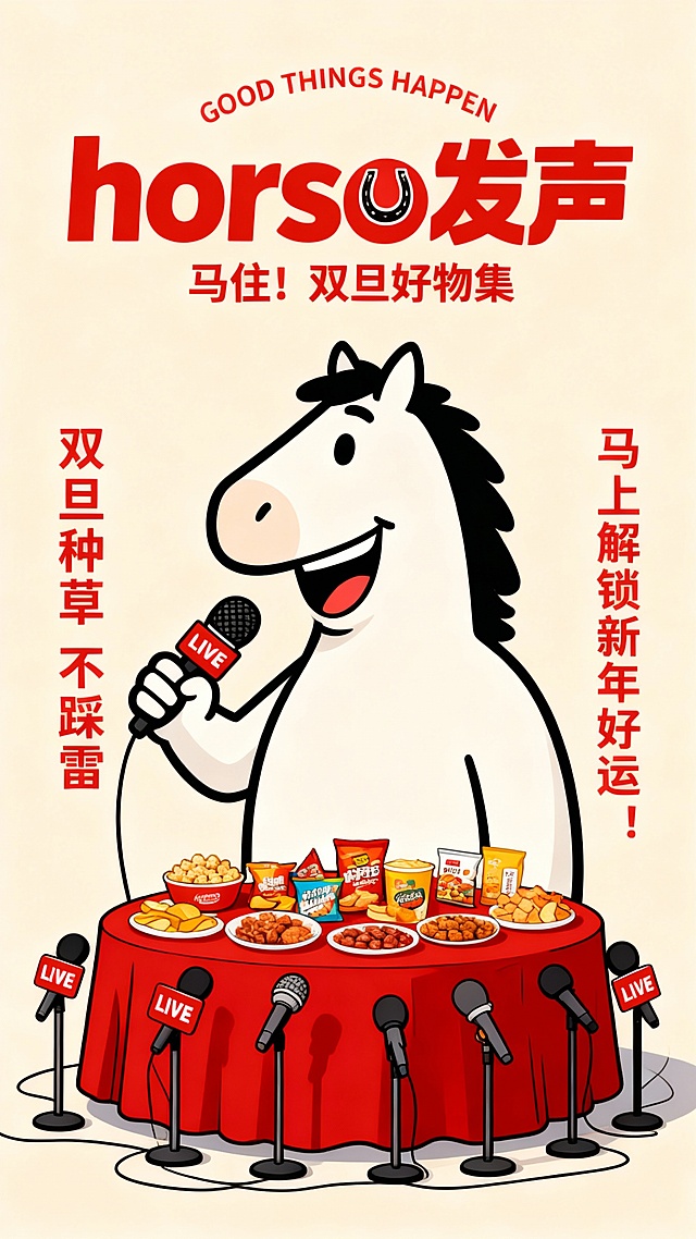 插画风拟人马手持麦克风，波普艺术配色，综艺感十足，喜庆红桌摆满零食，印刷风文字点缀，双旦节日氛围浓厚。