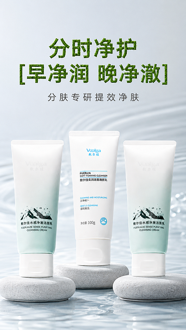 更换风格为极简冷调医美干净风，背景换成干净浅灰蓝色流动水波纹，三款洁面产品放置干净鹅卵石平台上，保留所有原有文案“分时净护 [早净润 晚净澈] 分肤专研提效净肤”，主标题保持草绿色植物肌理艺术字，保持三款洁面产品原有外观和文字细节完全不变，整体简约干净专业，和原有浅绿色小雏菊水面风格差异明显，保持9:16竖版尺寸，比例协调，保持2K高清分辨率，高清细节商业摄影，文字清晰无锯齿，完整保留产品外观和所有文案信息，产品文字细节保持不变