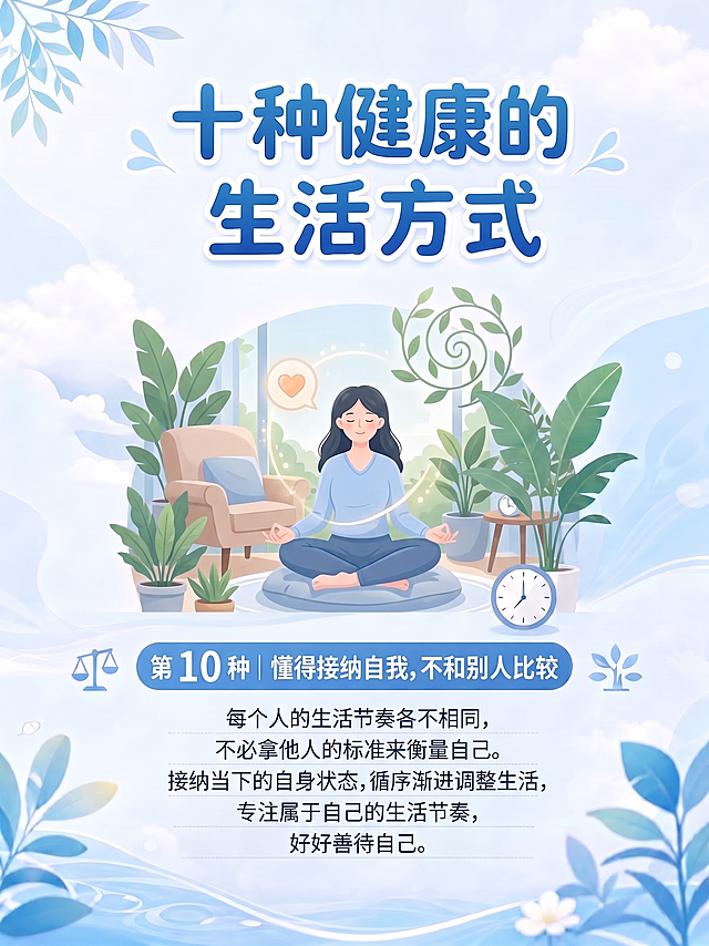 标题不变，内容改为：第 10 种｜懂得接纳自我，不和别人比较
每个人的生活节奏各不相同，不必拿他人的标准来衡量自己。接纳当下的自身状态，循序渐进调整生活，专注属于自己的生活节奏，好好善待自己。
