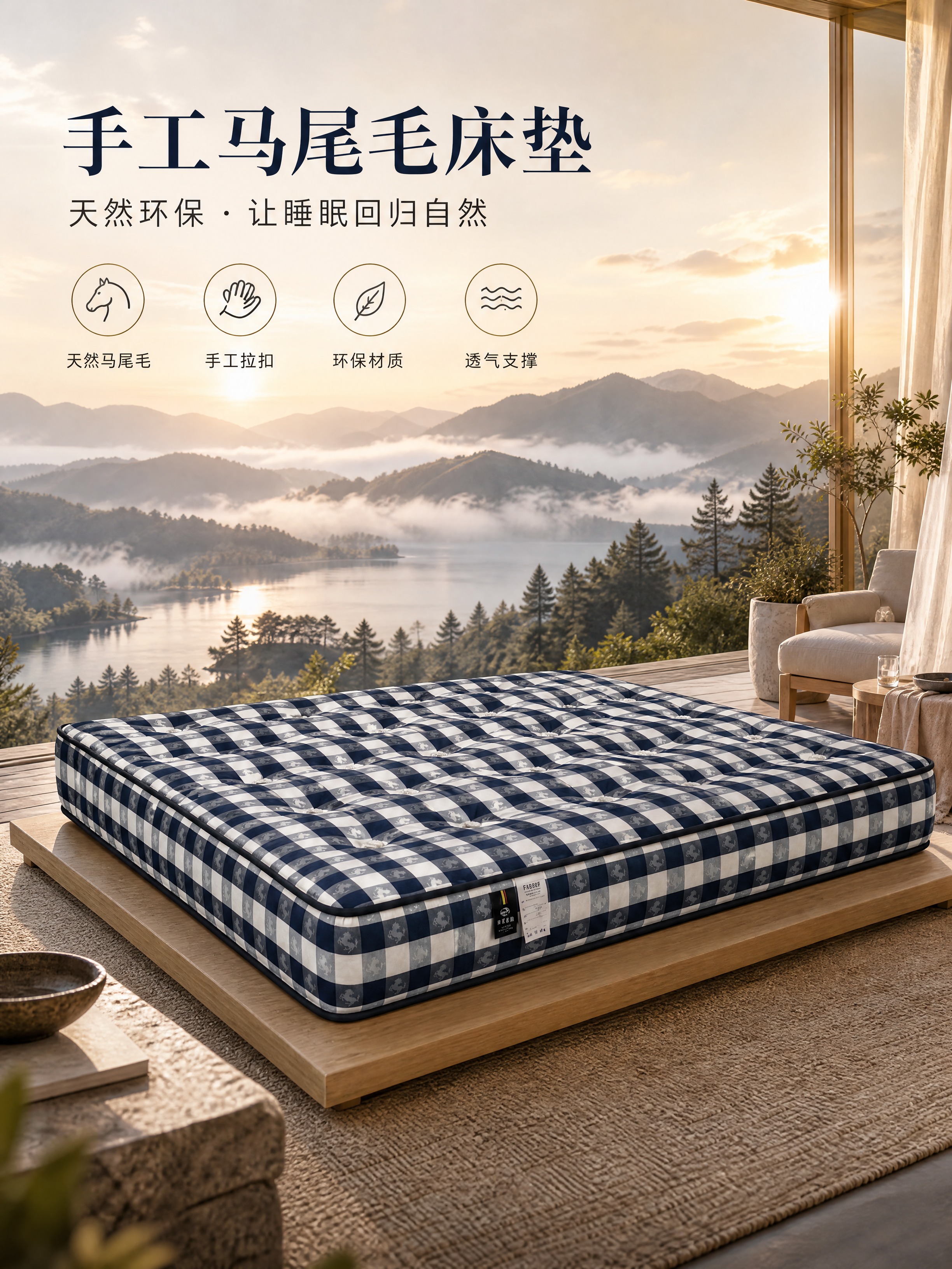 [商品] 使用【图1】蓝白格纹手工马尾毛床垫；严格保留床垫整体… - 图片创意预览