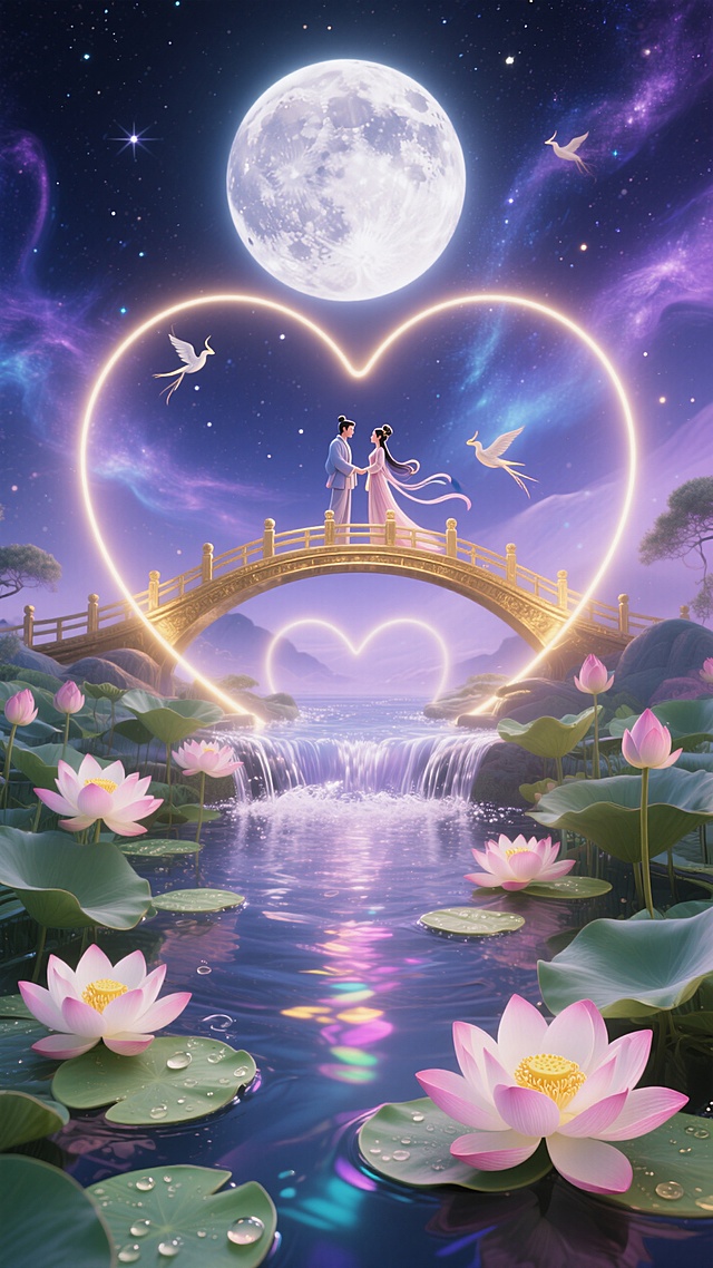 梦幻插画风，情侣桥上相拥，心形光圈环绕，满月星空背景，浪漫超现实主义场景。