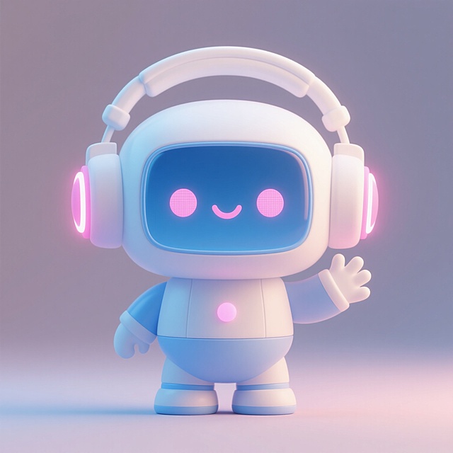 一个软萌的卡通机器人，整体采用柔和的蓝白色渐变3D设计，具有圆润的头部和身体轮廓，戴着大大的白色耳机，耳机外侧有粉色的发光圆环，方形的蓝色屏幕脸上有两个明亮的粉色圆形眼睛和一个微笑的弧线嘴巴，身体上有一个小小的粉色发光圆点，四肢短小可爱，呈现出友好招手的姿态，整体充满童趣和温馨感，光影柔和，边缘平滑，具有治愈系的可爱风格。
