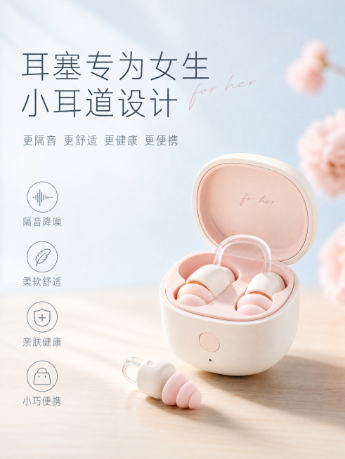 [单张主图] 女生小耳道专用耳塞电商主图，高级氛围感路线，目标突出产品精准定位和核心卖点，吸引女性消费者。参考比对：无参考图，按高级感版式规划生成。[构图版式] 采用左文右物场景型版式，左侧大面积留白预览效果