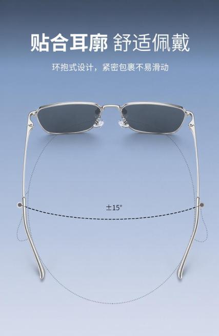 将图一中所有黑色眼镜框和镜腿替换为图二的银色，保留原图所有文字内容、±15°标注、整体构图和浅蓝色渐变背景不变，仅修改眼镜颜色为银色预览效果