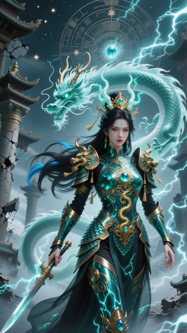 东方龙神女体（青龙圣体），共生型青鳞液态铠甲，活性生物金属与龙晶折射质感，威严的苍青盔甲，胸膛镶嵌核心龙珠，游走的金色龙形图腾，护肩为盘绕的青铜龙首造型，龙须化作能量流苏，龙首吞肩道祖头冠，金丝纹路，预览效果