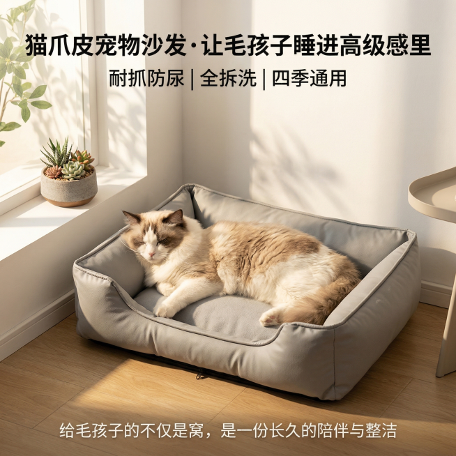 治愈系高级极简家居风格，午后暖光氛围。和参考图款式一致的灰色猫爪皮宠物沙发窝置于窗边，一只布偶猫枕着沙发加高护边舒适打盹，旁边摆放小型绿植，暖金色阳光从窗外洒入，光影柔和温馨。画面顶部居中白色无衬线粗预览效果