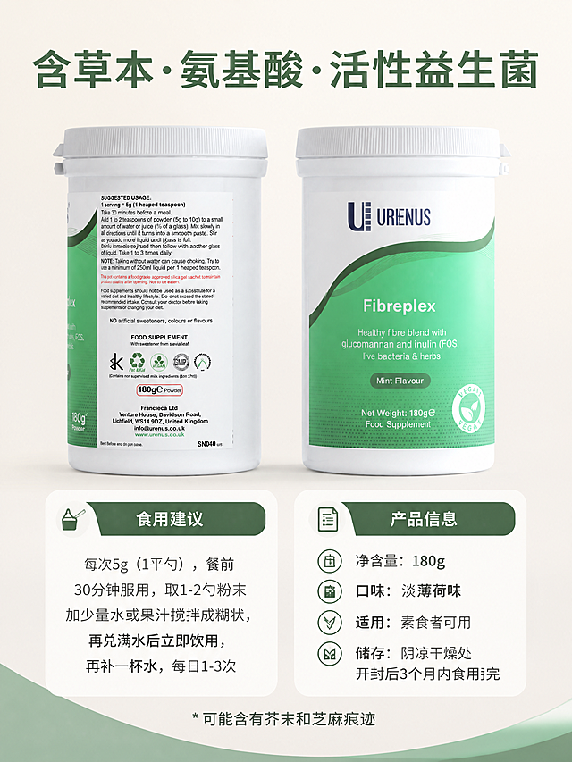 电商详情页第八张，产品信息与规格详情页。本张使用【图8】作为参考，保留正反瓶身展示，将瓶身标签外的所有说明文字翻译成中文。画面顶部大字号中文主标题「含草本·氨基酸·活性益生菌」。画面中央左右各摆放一瓶URENUS膳食纤维粉，左侧为背面标签，右侧为正面标签，产品瓶外观与原图完全一致，瓶身印刷的英文保留不翻译。左右两瓶下方分别对应中文信息卡：左侧信息卡标题「食用建议」，内容为「每次5g（1平勺），餐前30分钟服用，取1-2勺粉末加少量水或果汁搅拌成糊状，再兑满水后立即饮用，再补一杯水，每日1-3次」。右侧信息卡标题「产品信息」，内容为「净含量：180g 口味：淡薄荷味 适用：素食者可用 储存：阴凉干燥处 开封后3个月内食用完」。底部还有过敏原提示小字「可能含有芥末和芝麻痕迹」。背景为米白渐变，底部薄荷绿弧形装饰。文字全部简体中文，信息排版清晰，移动端可读。商业摄影质感，产品正面对比展示。