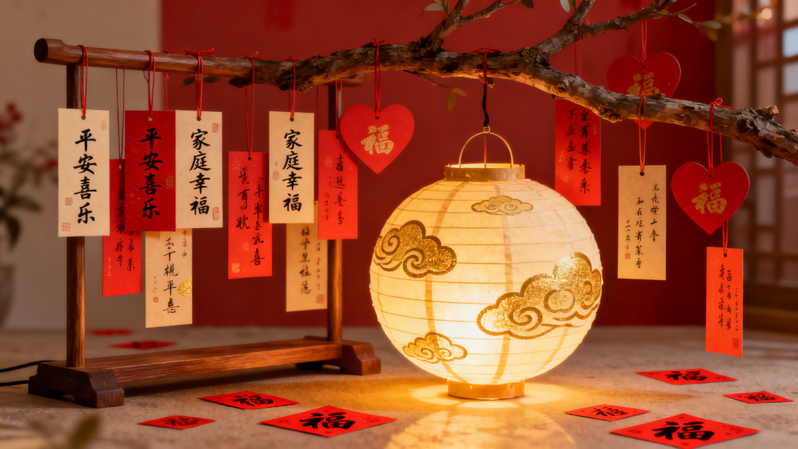 横版元宵节场景，树枝或灯架上挂满红色、米色的心愿卡，搭配传统灯笼，氛围温馨喜庆预览效果