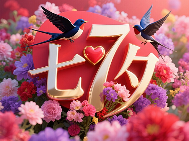 3D鎏金大字“七夕”，配以浪漫花海与飞翔燕子，营造喜庆浪漫氛围。