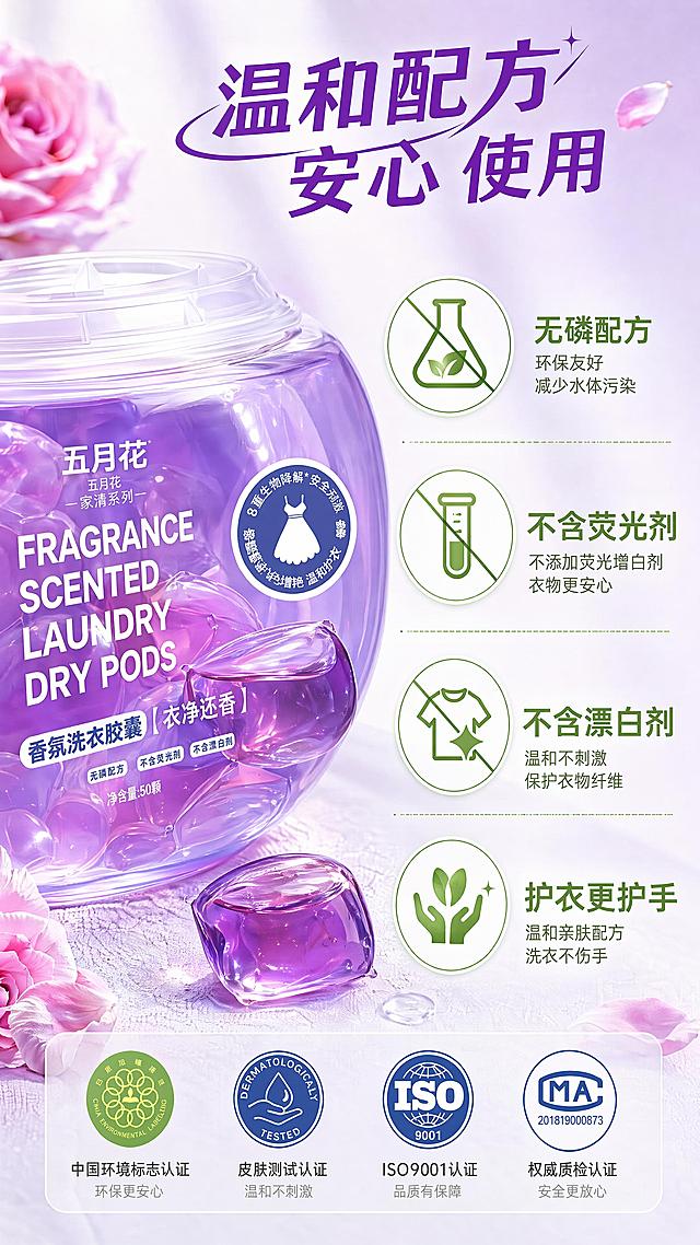 [第6屏] 配方细节-展示洗衣凝珠安全温和配方细节。本屏使用【图1】产品
[氛围/风格] 安全信任感，微距质感，干净通透的科学展示风
[元素布局] 左侧为洗衣凝珠罐子微距特写，展示通透质地，右侧分点标注配方优势：无磷配方，不含荧光剂，不含漂白剂，温和护衣不伤手；每个卖点搭配安全认证图标
[光影质感] 左侧微距特写突出凝珠通透质感，光线柔和，右侧信息区光线均匀，文字清晰
[配色色系] 全局底色浅紫 #f7f2fb，左侧产品保留原紫色调，右侧信息区用浅绿标注安全卖点，和谐自然
[视角构图] 左产品右信息左右分栏构图，产品微距特写突出质感，信息排布清晰
[文字版式] 顶部标题“温和配方 安心使用”，右侧每个卖点“无磷配方”“不含荧光剂”“不含漂白剂”“护衣更护手”，文字清晰，图标搭配直观
[比例分辨率] 9:16竖版比例，4K分辨率，文字清晰可辨，高清画质
[负向提示词] 质地模糊，产品变形，文字过小，虚假认证标识，颜色偏差