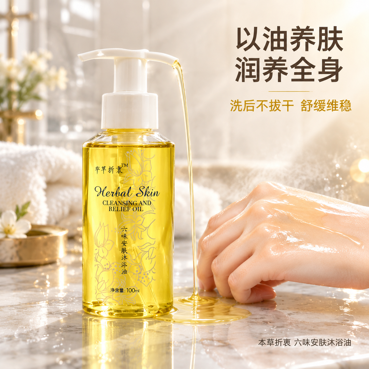 [主图-5] 使用场景与质地展示，高端浴室场景中沐浴油的使用氛… - 图片创意预览