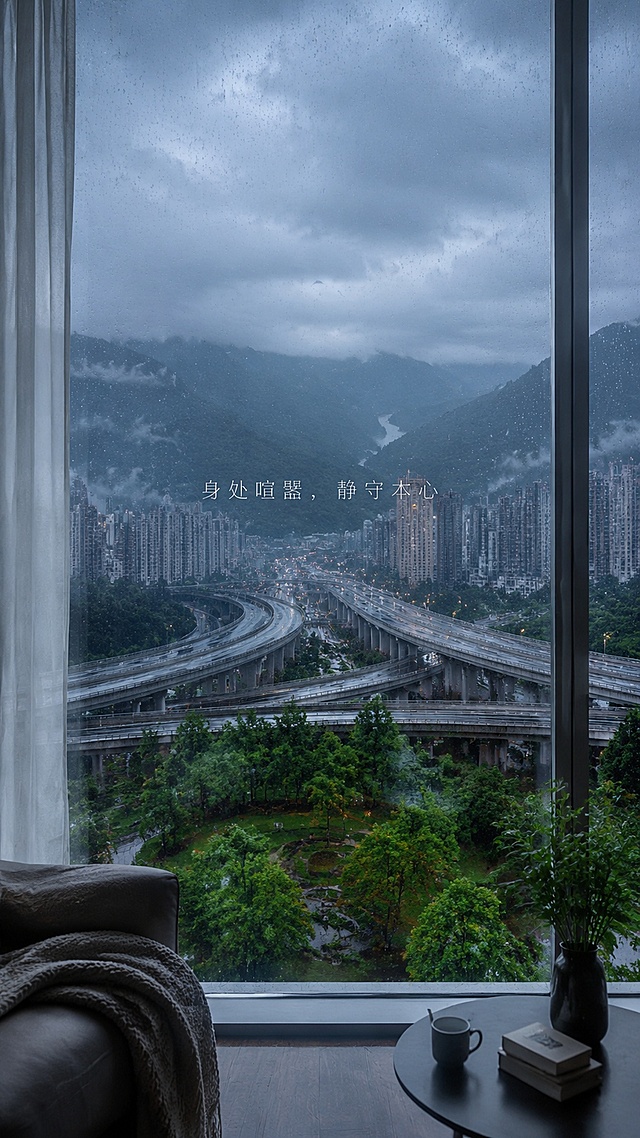 4K 窗边镜头，落地窗正对城市立交桥，桥下口袋公园绿植繁茂，远景青山连绵，山间细溪隐约可见，玻璃蒙着细碎雨雾，画面居中浅灰文字：身处喧嚣，静守本心