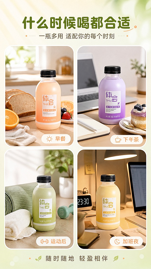 [商品] 使用【图1】体会代餐奶昔（多口味瓶）；保留瓶身颜色、"体会 TIHUI"Logo与标签文字；每张小场景图中各放一瓶不同口味的奶昔，产品清晰可辨。
[画面] 目标：场景种草页，覆盖4大高频食用场景。构图：2×2场景拼图型，4个圆角卡片分别展示4个场景：左上=元气早餐（奶昔+全麦面包+水果，阳光厨房台面）；右上=下午茶时光（奶昔+小蛋糕，办公室桌面）；左下=运动后补给（奶昔+瑜伽垫+毛巾，明亮居家角落）；右下=加班充能（奶昔+笔记本电脑，夜晚书桌暖光）；顶部通栏放标题，底部有一行总结文案；整体丰富有层次，场景真实有代入感。
[视觉] 套系策略：风格=清新治愈轻食商业摄影风；标题字=现代圆润无衬线粗体；正文字=简洁纤细无衬线体；主色=抹茶浅绿+奶杏白；背景延展=基于浅绿与奶杏做同色系渐变、柔和光斑与窗影质感；强调色=暖橘粉，仅用于小面积图标、引线和标签点缀；标题色=深抹茶绿；正文色=暖灰棕；组件=圆角浅底信息卡、细线引线、小图标点缀；光影=左前侧柔和自然光，通透干净。
[文字] 顶部通栏主标题「什么时候喝都合适」，副标题「一瓶多用 适配你的每个时刻」；每个场景卡片右下角有小标签：早餐 / 下午茶 / 运动后 / 加班夜；底部一行总结：随时随地 轻盈相伴。
[规格] 图片比例9:16竖版，4K分辨率，负向提示：避免场景虚假、瓶身文字错乱、文字过小、医疗功效表述、绝对化用语。