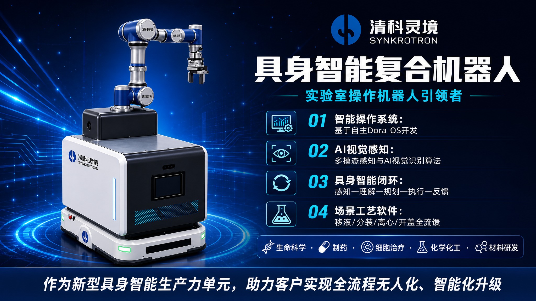 设计一张清科灵境具身智能复合机器人的横版海报（16:9，适合电… - 图片创意预览