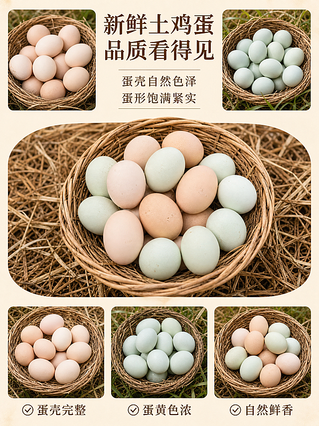优化这张土鸡蛋海报，以图1为版式基础进行优化。核心修改：1. 将原图中重复、AI生成感强的鸡蛋图片替换为真实实拍的土鸡蛋照片（参考图2的绿壳鸡蛋和图3的粉壳鸡蛋），所有小图和中间大图都使用真实实拍质感的鸡蛋；2. 修正所有文字错误和乱码，确保文字清晰可读：顶部主标题"新鲜土鸡蛋 品质看得见"，副标题两行"蛋壳自然色泽""蛋形饱满紧实"，底部三个卖点分别是"蛋壳完整""蛋黄色浓""自然鲜香"；3. 去除重复的文字和多余的装饰元素，整体排版更简洁干净；4. 中间主图使用真实的竹篮装着粉壳和绿壳混合的土鸡蛋，自然真实有质感；5. 左上角小图用粉壳土鸡蛋实拍图（参考图3风格），右上角小图用绿壳土鸡蛋实拍图（参考图2风格）；6. 底部三张小图从左到右分别展示：粉壳鸡蛋、绿壳鸡蛋、混合鸡蛋，都用真实实拍质感；7. 整体色调温暖自然，米白色背景，田园质朴风格，版式精美，文字不遮挡主体。画面中所有信息区域必须填充完整合理的内容，不得出现空白框或占位。