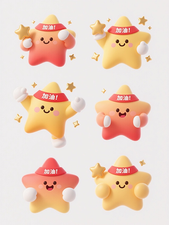 6个不同样式、不同造型、不同姿势、不同配色的加油主题卡通星星元素，每个星星都有拟人化的表情和动作，佩戴写有“加油”字样的红色头带，周围点缀金色小星星和闪光效果，采用圆润可爱的Q版风格，明亮柔和的渐变色彩，简洁流畅的线条，白色背景，元素排列整齐有序，整体氛围积极向上、充满活力。