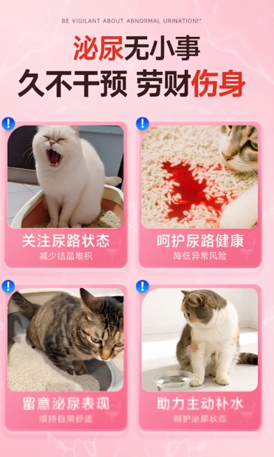 只将图片中的主背景色和四张猫咪图片下方的橙色文字块背景色调整为粉色系，所有文案和猫咪图片内容保持完全不变，不要做任何修改预览效果