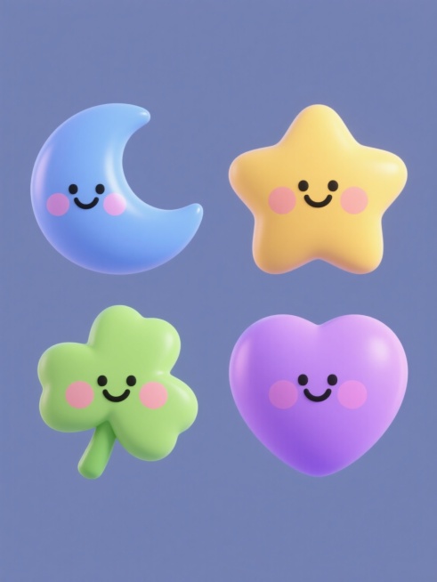 一组四个不同元素的可爱卡通系列素材集合，每个元素都采用圆润饱满的3D立体造型，表面有光滑细腻的质感和柔和的渐变光影效果，带有简洁的黑色线条勾勒的微笑表情和粉色腮红，元素类目分别为黄色星星、蓝色月亮、绿色四叶草、紫色爱心，均置于纯色背景上，整体呈规整的2x2网格排布，保持统一的可爱治愈风格和明亮柔和的色彩基调。预览效果