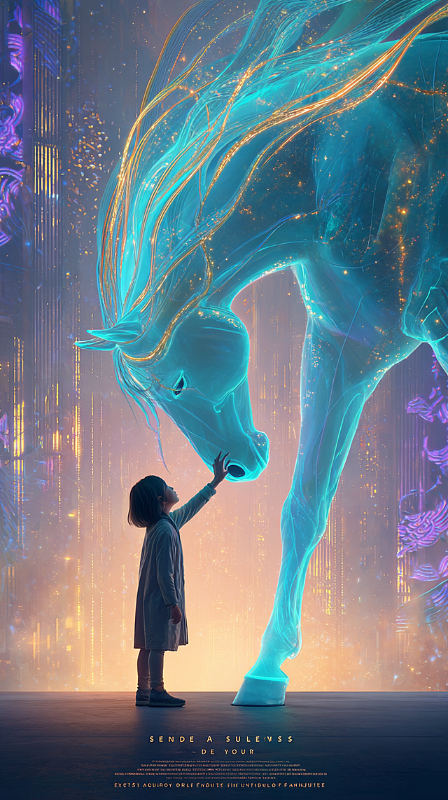 A sophisticated and heartwarming poster, 9:16 aspect ratio, cinematic lighting.

**Scene:** In a serene, minimalist room with large windows overlooking a futuristic city at dusk. At the center, a young child of Asian descent is reaching out to touch the nose of a majestic, semi-transparent holographic horse. The horse is made of glowing, flowing cyan data streams and golden particles, shimmering like a constellation. Its form is elegant and powerful, yet gentle and approachable.

**Style & Composition:** 
- Style: A perfect blend of digital painting and 3D rendering, with elements of delicate Chinese paper-cut art in the background patterns. Trending on ArtStation, ultra-detailed, Unreal Engine 5 realism.
- Composition: Rule of thirds. The child and the horse's head form a connected focal point on the right third. The left side shows the warm interior and the cool, futuristic cityscape outside, creating balance.
- Color Palette: A高级 contrast of warm and cool tones. The interior is bathed in soft, warm amber and peach light from a hidden source. The holographic horse glows with electric cyan and gold. The outside city is deep indigo and purple with neon accents. Overall feeling is cozy, magical, and advanced.

**Lighting & Details:** 
- Lighting: Strong volumetric rays (God rays) stream through the window, illuminating dust particles and interacting with the hologram, creating a magical atmosphere. A soft, warm rim light outlines the child from the interior light.
- Details: The holographic horse's mane and tail dissolve into floating, harmless data particles and tiny, simplified Chinese "福" (fortune) characters. On the windowsill, a small pot of blooming orchids (symbol of elegance and new beginnings) and a traditional red paper lantern with a warm glow.

**Text Integration (CRITICAL):**
- **Main Title:** "LEAP FORWARD" - Large, central at the top 15%. The font is a modern, sleek sans-serif with a subtle metallic gold texture and a very faint cyan outer glow. The letters are strong but not bulky.
- **Subtitle/Chinese Title:** "骏跃新程" - Placed elegantly beneath the English title, using a modern calligraphy font that combines brush stroke energy with clean lines. Color is warm white with a slight gradient to gold.
- **Year Tagline:** "YEAR OF THE HORSE 2025" - Positioned at the very bottom, centered, about 10% from the edge. Font is a clean, thin geometric sans-serif in warm white.
- **Overall:** All text integrates seamlessly into the composition, appearing as part of the scene's light, not as an afterthought. No text blocks the main interaction between the child and the horse.