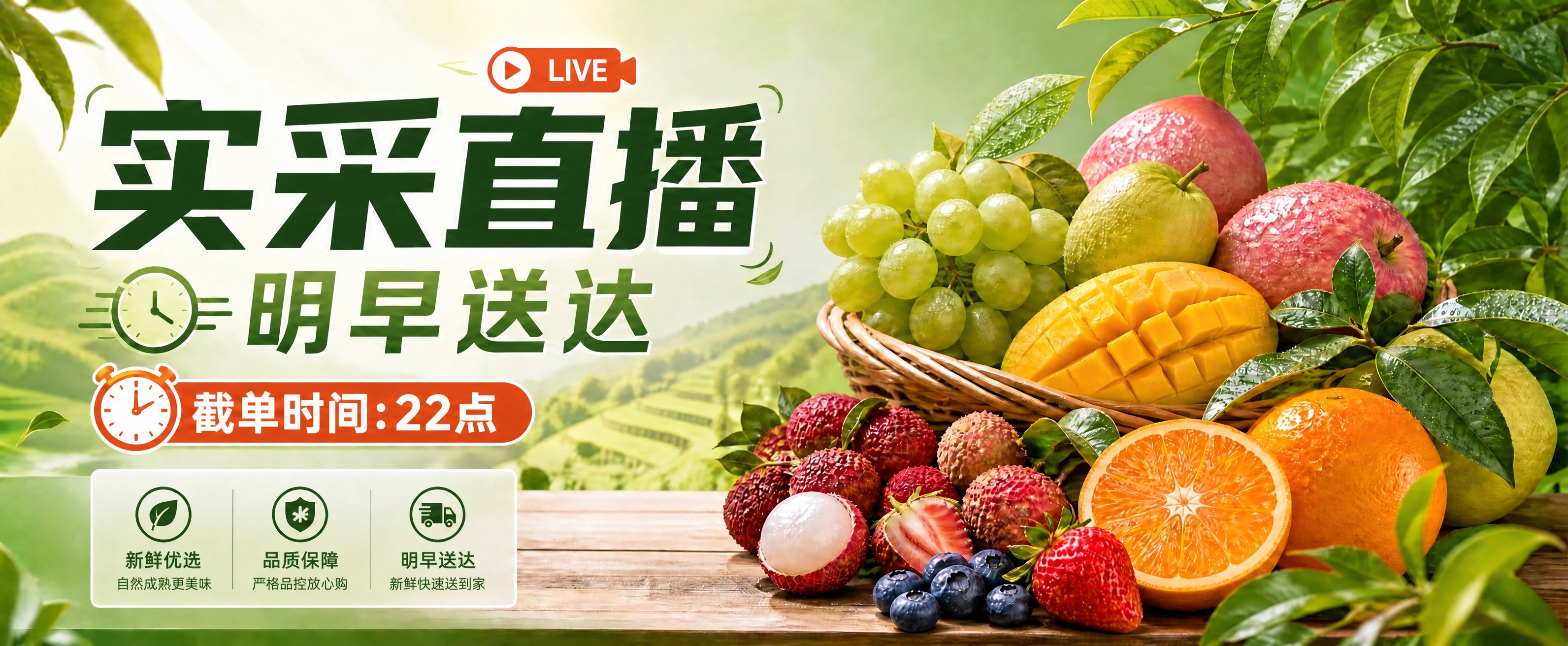 基于这张实采直播水果海报，删除右上角悬挂的"新鲜到家"木牌（包… - 图片创意预览
