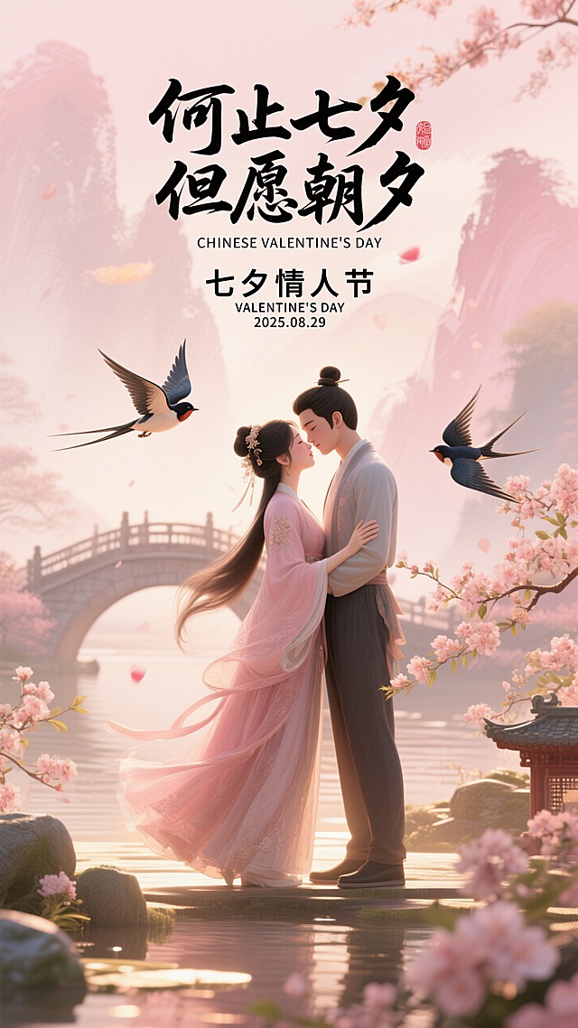 中国风七夕主题，粉金水墨背景、比翼鸟、花枝，浪漫、古典且温馨的氛围。 隐约看到鹊桥，跟情人对拥。画面有空间层次，书法字体   
海报顶部文字 ：何止七夕 但愿朝夕 CHINESE VALENTINE'S DAY
底部小字：七夕情人节 VALENTINE'S DAY 2025.08.29