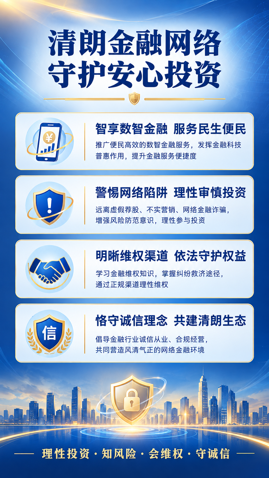 一张金融网络安全宣传竖版海报，政务宣传风格，专业稳重，蓝金配色… - 图片创意预览