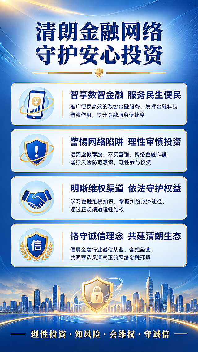 一张金融网络安全宣传竖版海报，政务宣传风格，专业稳重，蓝金配色，简洁大气。

画面顶部居中是大标题主视觉："清朗金融网络 守护安心投资"，大字加粗，深蓝色字体，下方有一条金色装饰横线。

画面中部是四大板块内容，竖向排列，每块左侧配一个简约图标，右侧是标题和说明文字，层级分明：
第一块（手机/数字金融图标）：标题"智享数智金融 服务民生便民"，下方小字说明"推广便民高效的数智金融服务，发挥金融科技普惠作用，提升金融服务便捷度"
第二块（警示盾牌图标）：标题"警惕网络陷阱 理性审慎投资"，下方小字说明"远离虚假荐股、不实营销、网络金融诈骗，增强风险防范意识，理性参与投资"
第三块（握手/维权图标）：标题"明晰维权渠道 依法守护权益"，下方小字说明"学习金融维权知识，掌握纠纷救济途径，通过正规渠道理性维权"
第四块（诚信盾牌图标）：标题"恪守诚信理念 共建清朗生态"，下方小字说明"倡导金融行业诚信从业、合规经营，共同营造风清气正的网络金融环境"

画面底部是总宣传口号："理性投资・知风险・会维权・守诚信"，金色字体，居中排列。

背景：深蓝色渐变底色，带有淡淡的几何线条和光晕效果，顶部有微弱的金色光带，整体氛围庄重专业，有金融安全感。
版式精美，四边留有安全边距，文字清晰可读，信息区块用浅色卡片或细线分隔，整体统一协调。

画面中所有二维码区域使用纯色方块占位符呈现，方块中央标注"二维码占位"文字，严禁生成任何可识别的二维码图案。
画面中所有信息区域必须填充完整合理的内容，不得出现空白框、空白占位、横线待填写区域、空列表项、空单元格，确保是完整可用的成品海报而非待填写模板。
画面中必须完整呈现以下文字信息："清朗金融网络 守护安心投资"、"智享数智金融 服务民生便民"、"警惕网络陷阱 理性审慎投资"、"明晰维权渠道 依法守护权益"、"恪守诚信理念 共建清朗生态"、"理性投资・知风险・会维权・守诚信"。