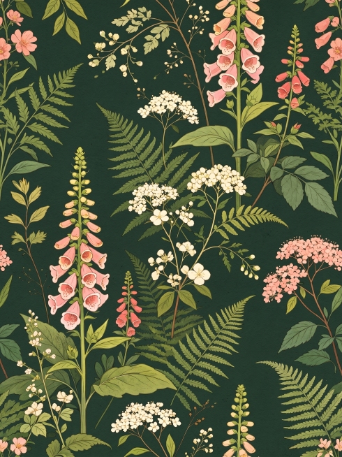根据参考图重新生成这幅复古植物花卉插画，保持原有构图、植物种类和配色，墨绿色背景搭配粉色毛地黄、白色碎花和绿色蕨类植物，延续插画复古质感预览效果