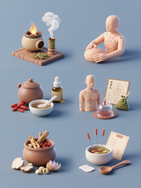 六个3D立体风格的养生元素系列素材集合，规整排布在纯色背景上，每个元素独立成组：1. 艾灸场景：3D艾灸盒、燃烧的艾条、袅袅上升的白色烟雾、艾灸穴位图；2. 推拿按摩：3D推拿手法模型、中医经络图、推拿精油瓶、按摩穴位点；3. 中药养生：3D中药药罐、中药材（枸杞、红枣、党参）、药汤碗、药勺；4. 拔罐疗法：3D玻璃拔罐器、拔罐穴位图、皮肤吸附效果、艾草包；5. 针灸疗法：3D针灸针模型、针灸……预览效果