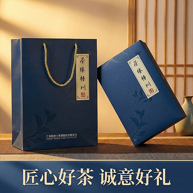 [主图 5] 礼盒手提袋套装重绘
[氛围/风格] 送礼场景展示，大气稳重，高级质感
[画面元素] 深蓝色手提袋立在后方，礼盒斜放在前方茶席上，整套产品完整展示，保留原设计黄色提绳和品牌文字，背景简洁素雅，暖光烘托出适合送礼的氛围
[配色色系] 深蓝色为主，搭配黄色提绳点缀，整体色调沉稳大气
[视角构图] 正前方平视，完整展示整套送礼包装
[文字版式] 底部半透悬浮条，文字“匠心好茶 诚意好礼”，白色字体，两端留空不遮挡主体
[比例分辨率] 1:1 比例，2k 分辨率
