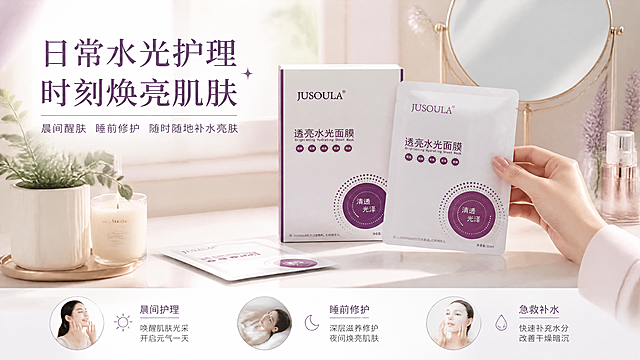 面膜使用场景页，温馨的卧室梳妆台场景，清晨柔和阳光洒入，桌面上摆放着JUSOULA透亮水光面膜单片包装和面膜盒，旁边有香薰蜡烛、绿植小盆栽、化妆镜等装饰。一位女性的手正在拿起一片面膜，营造日常护肤的惬意氛围。浅紫白色调，温暖自然光，生活感强。上方主标题日常水光护理 时刻焕亮肌肤，副标题晨间醒肤 睡前修护 随时随地补水亮肤。底部三个场景小图标：晨间护理、睡前修护、急救补水。高级简约医美风。