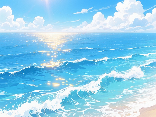 明亮清新的动漫风格海景插画，从全新的高角度俯瞰视角展现壮阔海面，波光粼粼的蓝色海水呈现多层次渐变，从深邃的靛蓝过渡到透亮的青蓝，白色浪花在海面上翻涌形成丰富的波纹肌理，阳光从斜上方照射下来在水面形成耀眼的金色高光和清晰的光影明暗对比，天空中点缀着蓬松的白色积云，整体画面营造出宁静而充满活力的夏日氛围，海水的动态感十足，波浪形态各异且富有层次感，远处海天相接处色彩柔和过渡，画面构图开阔舒展，充满自由舒畅的感觉。