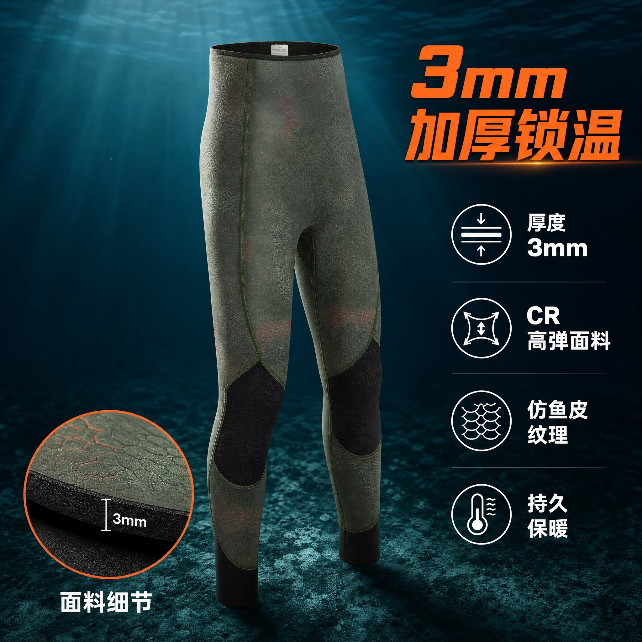 [主图-2] 3mm分体潜水服长裤 面料材质与保暖性能展示图。… - 图片创意预览