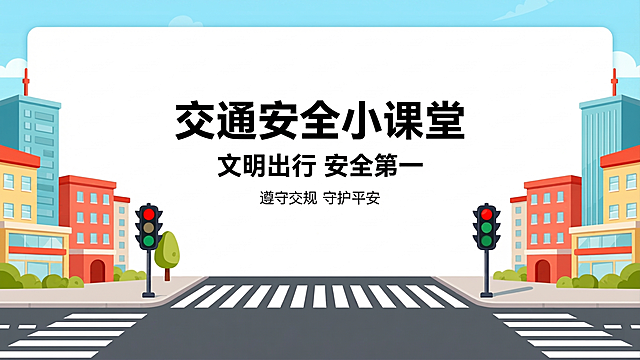 将这张位图转换为清晰的矢量图，保留所有内容：文字'交通安全小课堂 文明出行 安全第一 遵守交规 守护平安'，卡通城市道路、红绿灯、斑马线和建筑，保持整体构图和色彩不变，转换为矢量风格，线条干净平滑，颜色均匀