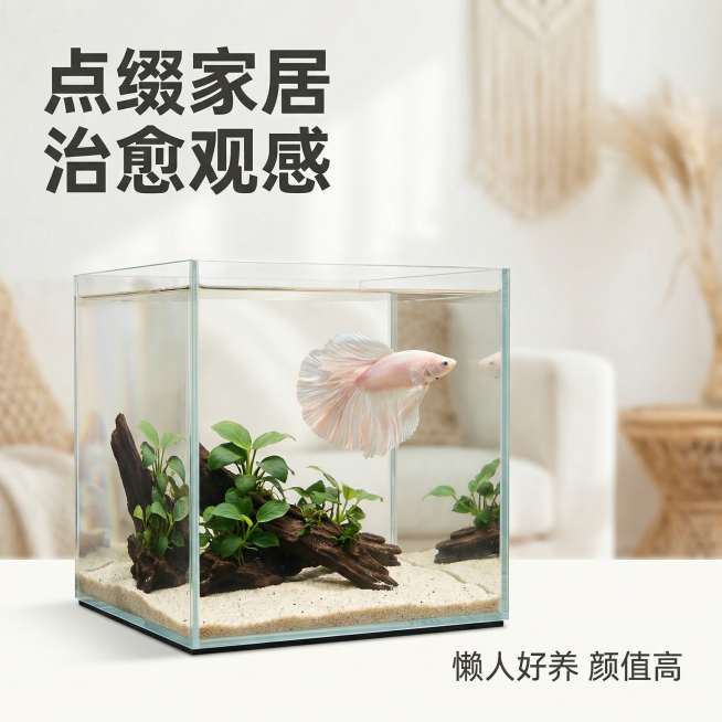 [主图 7] 水族造景场景展示
[氛围/风格] 清新自然，治愈氛围感，适合家居观赏场景
[画面元素] 将透白泰国斗鱼放置在简约家居造景鱼缸中，周围搭配少量极简水榕沉木造景，背景干净柔和，光线温馨自然，预览效果
