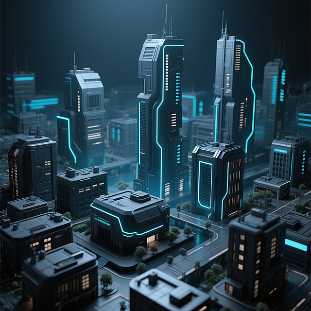 暗色的建筑群模型，3D渲染风格，科技风格，建筑表面有蓝色发光线条，未来感，精细的3D建模，高对比度，深色背景，光影效果强烈