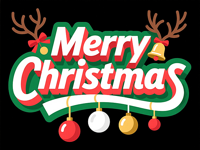 绿边、红白色渐变艺术字 “Merry Christmas”，有立体感，点缀鹿角、红色蝴蝶结铃铛装饰，下方悬挂几个红、白、金圣诞球。黑色背景