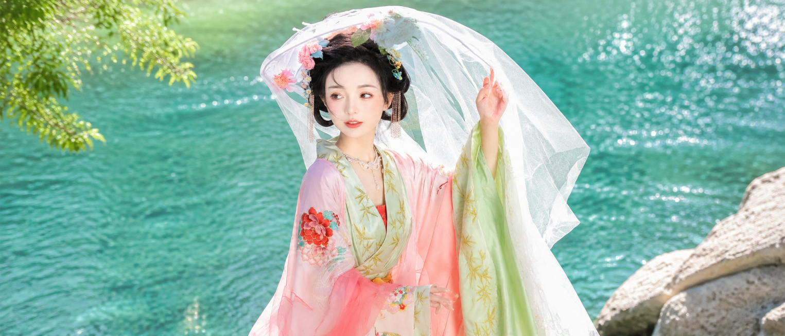 参考原图的国风汉服写真风格，保持古风美人、绣花汉服、水边场景、透明帷帽配花饰的风格元素预览效果