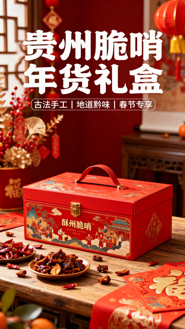 电商主图首图，贵州脆哨年货礼盒，国风喜庆新年场景，桌上摆放精致红色礼盒，旁边散落酥脆脆哨，背景有春节年味装饰，画面大字写着"贵州脆哨年货礼盒"，副字写着"古法手工｜地道黔味｜春节专享"，整体风格红火热预览效果