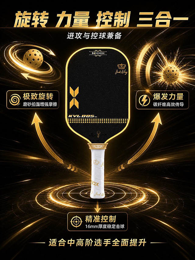 [商品] 使用【图1】ARRONAX KVL005 Jack Wong签名款匹克球拍；保留所有外观细节和比例
[画面] 页面目标：功能演示 旋转力量控制三合一性能展示 流程箭头型构图 球拍位于画面中央 占画面约45% 周围三个动态性能示意 左上是旋转球轨迹带旋转光效 右上是力量爆发冲击波 下方是精准瞄准控制圈 用金色动态箭头连接球拍和三个性能区域 背景为深黑渐变 带运动模糊金色光线
[视觉] 套系策略：风格=黑金高端专业运动商业摄影；标题字=现代黑体粗体；正文字=简洁无衬线黑体；主色=深黑；背景延展=基于深黑做动态光线轨迹渐变 运动模糊效果；强调色=金属金 仅用于图标 引线 标签 光效；标题色=金属金色；正文色=白色；组件=动态性能图标 金色箭头轨迹 性能说明卡；光影=产品主光清晰 周围动态光效有辉光感 体现运动速度感
[文字] 顶部主标题"旋转 力量 控制 三合一" 副标题"进攻与控球兼备" 三个性能区域分别配文 左上"极致旋转 磨砂拍面增强摩擦" 右上"爆发力量 碳纤维高效传导" 下方"精准控制 16mm厚度稳定击球" 底部一行"适合中高阶选手全面提升" 文字横排 环绕布局 不遮挡球拍主体
[规格] 图片比例3:4竖版 2K分辨率 避免变形 错字 文字过小 冷蓝背景 产品颜色改变 水印 平台Logo