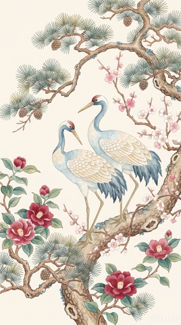 参考原图的水彩刺绣风格，创作一张竖向构图的中国风工笔画，包含松枝、梅花、山茶花与两只仙鹤，保持清新淡雅的色彩风格，画面整体饱满协调预览效果