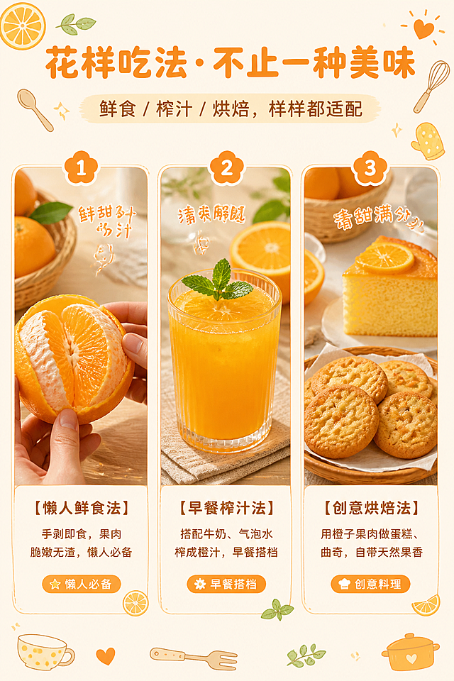 第7屏多种吃法详情页，2:3竖版，三宫格场景展示，分别为：①直接鲜食（手剥橙子的治愈画面，搭配浅木纹桌面）；②鲜榨橙汁（玻璃杯中装满橙汁，搭配薄荷叶点缀，清新感拉满）；③橙子烘焙（橙子蛋糕、橙子曲奇的成品图，暖色调滤镜）。每个场景下方搭配吃法说明，字体为圆润无衬线体，标题加粗，正文轻盈，背景为浅米色，搭配手绘餐具小元素，增强美食氛围感。每个场景图采用统一的暖色调滤镜，风格治愈清新，搭配手绘边框与小图标，弱化实景的生硬感；文字说明简洁明了，搭配小标签（如 "懒人必备""早餐搭档"），突出不同吃法的适配场景，吸引年轻人尝试。内容：主标题"花样吃法・不止一种美味"，副标题"鲜食 / 榨汁 / 烘焙，样样都适配"。说明：【懒人鲜食法】手剥即食，果肉脆嫩无渣，懒人必备；【早餐榨汁法】搭配牛奶、气泡水榨成橙汁，早餐搭档；【创意烘焙法】用橙子果肉做蛋糕、曲奇，自带天然果香。整体风格：奶油风低饱和配色，主色调暖橙色，辅助色奶油白、浅木色，清新治愈。