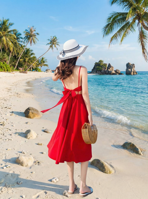 保留红色吊带露背蝴蝶结长款连衣裙的所有细节款式不变，更换为全新原创的沙滩海岸场景，生成独特不重复的商品图，3:4比例预览效果