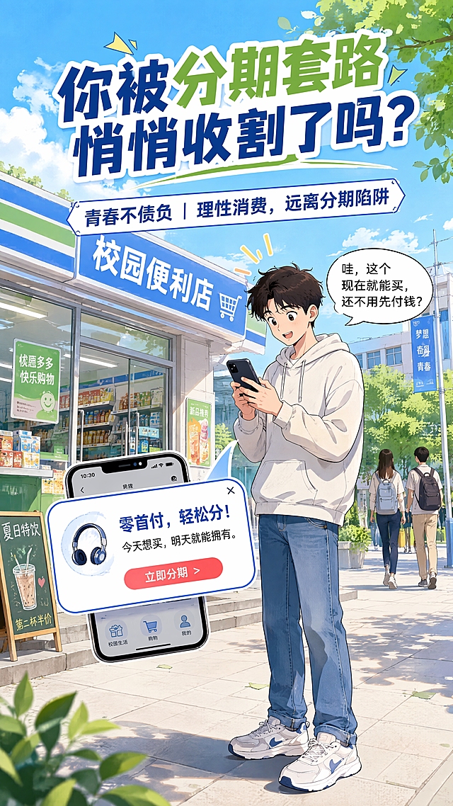 金融知识宣传漫画第1张：标题引入。清爽校园漫画风，线条干净，色彩明亮，校园生活感强。画面上方是大标题区域，背景是校园便利店门口，一个年轻男生小宇（短发，穿浅色卫衣、牛仔裤、运动鞋，普通有亲和力）拿着手机低头看，被一则分期广告吸引，表情惊喜。手机屏幕上弹出广告弹窗。画面顶部大标题文字："你被分期套路悄悄收割了吗？"，副标题："青春不债负｜理性消费，远离分期陷阱"。手机广告弹窗文字："零首付，轻松分！今天想买，明天就能拥有。" 小宇旁边的对话气泡文字："哇，这个现在就能买，还不用先付钱？" 整体色调明亮清新，蓝白绿为主，青春校园氛围，不要恐怖不要严肃不要夸张搞笑。竖版构图，文字清晰可读。