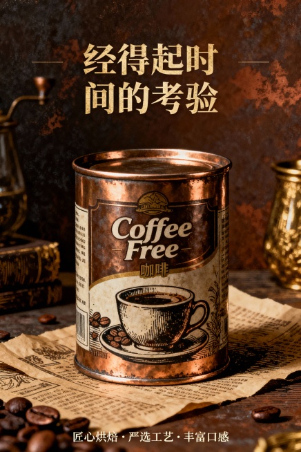 复古铜版画风格，竖版构图，中心展示Coffee Free咖啡产品（咖啡罐或咖啡杯），突出金属罐的光泽、纸质包装的纹理或陶瓷杯的细节，上方居中位置有“经得起时间的考验”复古衬线字体标语，底部小字标注“匠预览效果