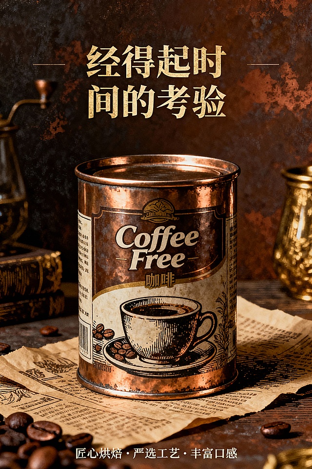 复古铜版画风格，竖版构图，中心展示Coffee Free咖啡产品（咖啡罐或咖啡杯），突出金属罐的光泽、纸质包装的纹理或陶瓷杯的细节，上方居中位置有“经得起时间的考验”复古衬线字体标语，底部小字标注“匠心烘焙·严选工艺·丰富口感”，整体色调为深棕、赭石与暗金色，模拟铜版画的明暗对比与金属质感