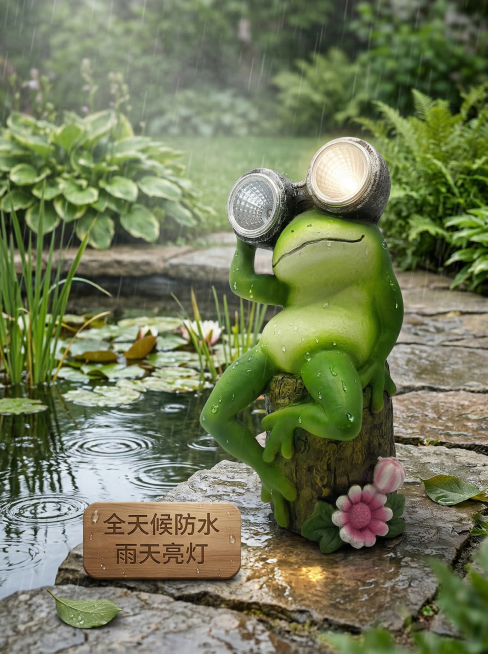 活泼风格，室外池塘边场景，青蛙太阳能灯摆件，突出“防水设计，雨天也能用”卖点，搭配简洁文字说明预览效果