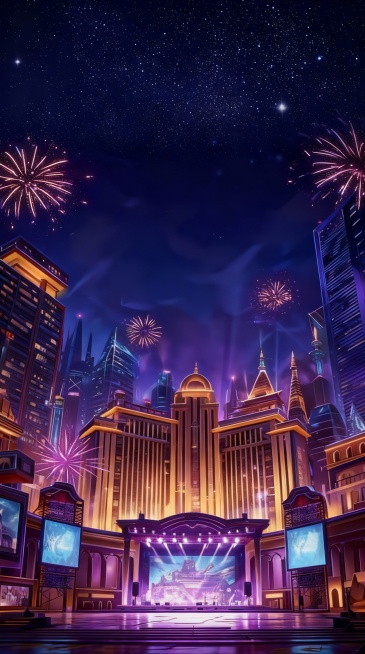 都市夜晚场景，游戏场景。蓝紫色调，炫丽夜晚预览效果